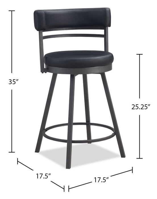 Mila Counter-Height Stool with Swivel Seat & Vegan Leather Fabric, 25\"H, Metal - Black 