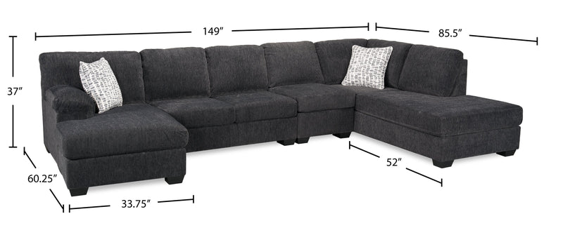 Made in Canada Morgan 3-Piece Right-Facing Chenille Fabric Wrap Sectional with Accent Pillows - Grey