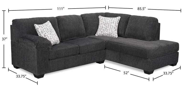 Made in Canada Morgan 2-Piece Right-Facing Chenille Fabric Condo Size Sectional with Accent Pillows - Grey