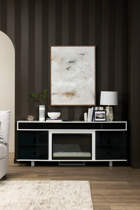 Odesos 72\" TV Stand with Glass Ember Firebox and Soundbar – White