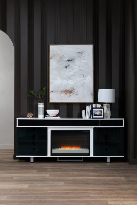 Odesos 72\" TV Stand with Glass Ember Firebox and Soundbar – White