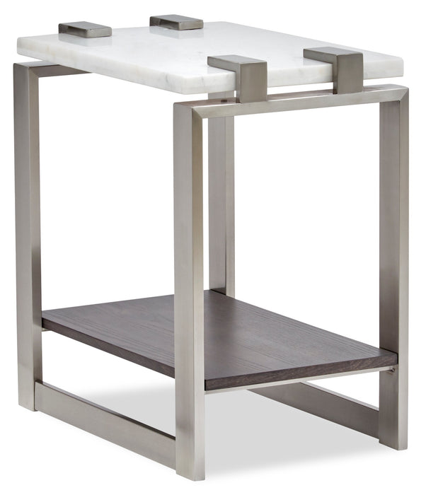 Paradox 16\" Modern Chairside Table with Shelf - White Marble Top with Brushed Platinum Frame
