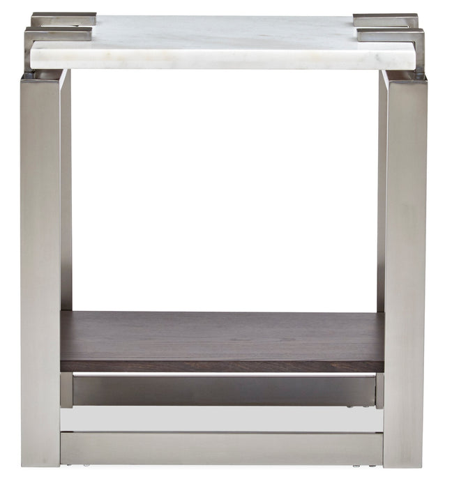 Paradox 16\" Modern Chairside Table with Shelf - White Marble Top with Brushed Platinum Frame