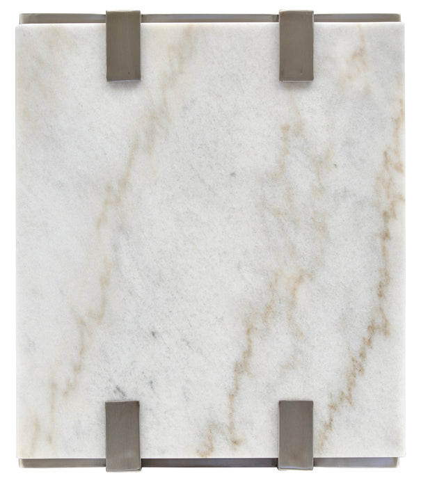 Paradox 22\" Modern End Table with Shelf - White Marble Top with Brushed Platinum Frame