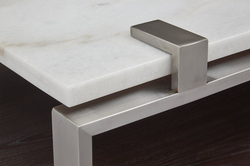 Paradox 48\" Modern Sofa Table with Shelf - White Marble Top with Brushed Platinum Frame