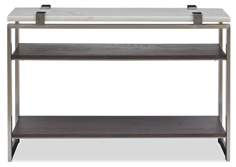 Paradox 48\" Modern Sofa Table with Shelf - White Marble Top with Brushed Platinum Frame