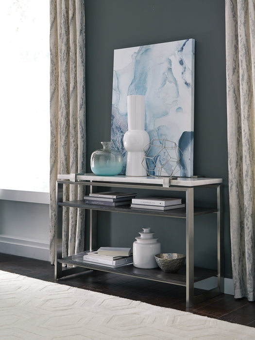 Paradox 48\" Modern Sofa Table with Shelf - White Marble Top with Brushed Platinum Frame