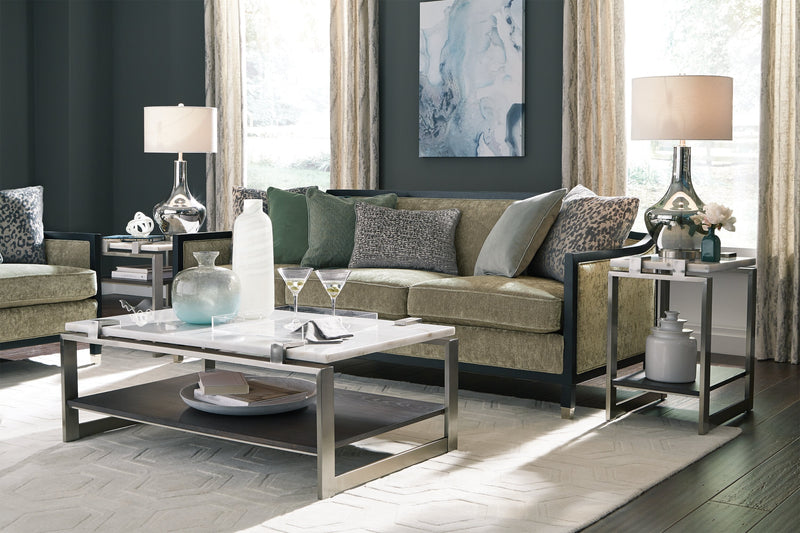 Paradox 48\" Modern Sofa Table with Shelf - White Marble Top with Brushed Platinum Frame