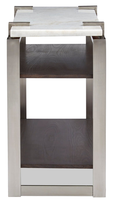Paradox 48\" Modern Sofa Table with Shelf - White Marble Top with Brushed Platinum Frame