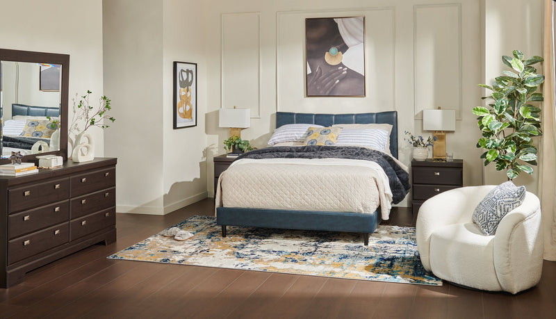 Paseo Platform Bed in Navy Vegan-Leather Fabric - Queen Size 