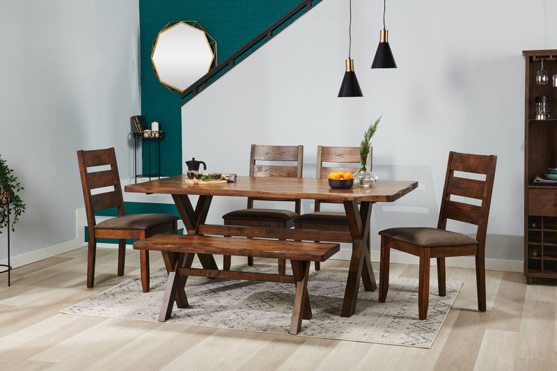 Plum 6pc Dining Set with Table, Bench & 4 Chairs, Wood, Live-Edge Look, 70.75\"W- Nutmeg Brown 
