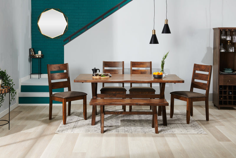 Plum 6pc Dining Set with Table, Bench & 4 Chairs, Wood, Live-Edge Look, 70.75\"W- Nutmeg Brown 