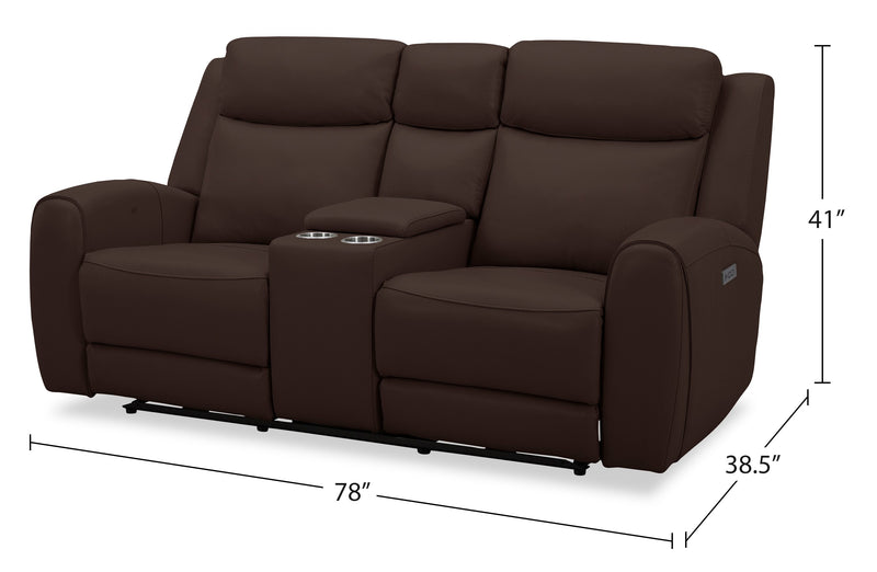 Reign 78\" Silverado Chocolate Brown Top-Grain Genuine Leather Power Reclining Loveseat with Console 