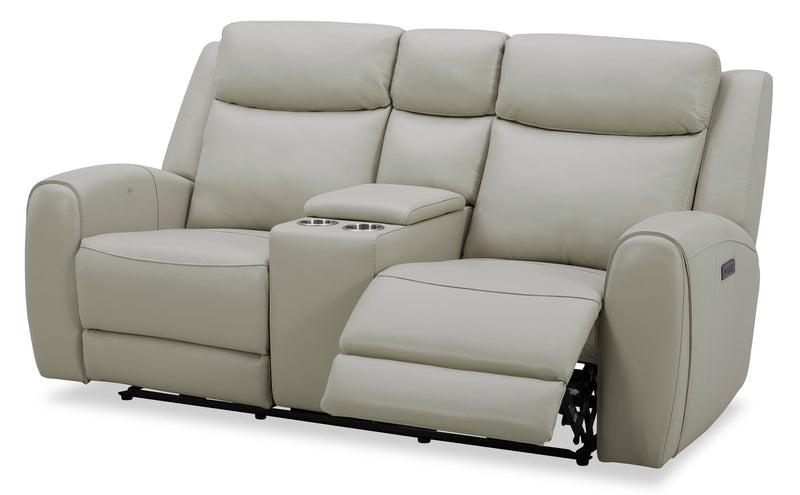 Reign 78\" Deltona Moonshine Taupe Top-Grain Genuine Leather Power Reclining Loveseat with Console 