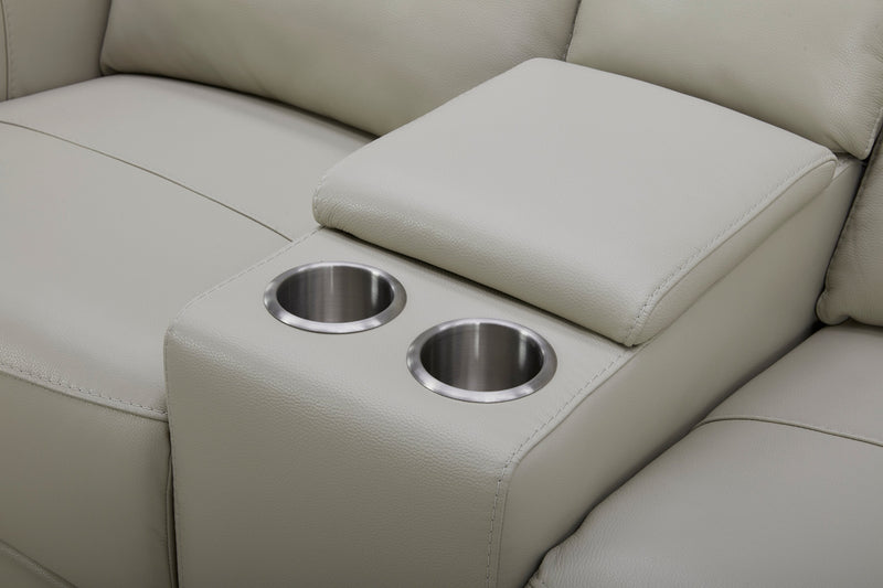 Reign 78\" Deltona Moonshine Taupe Top-Grain Genuine Leather Power Reclining Loveseat with Console 