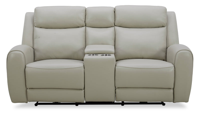Reign 78\" Deltona Moonshine Taupe Top-Grain Genuine Leather Power Reclining Loveseat with Console 