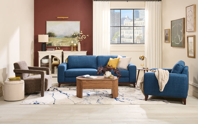 River 40.1\" Linen-Look Fabric Chair with Wood Base and Legs - Blue
