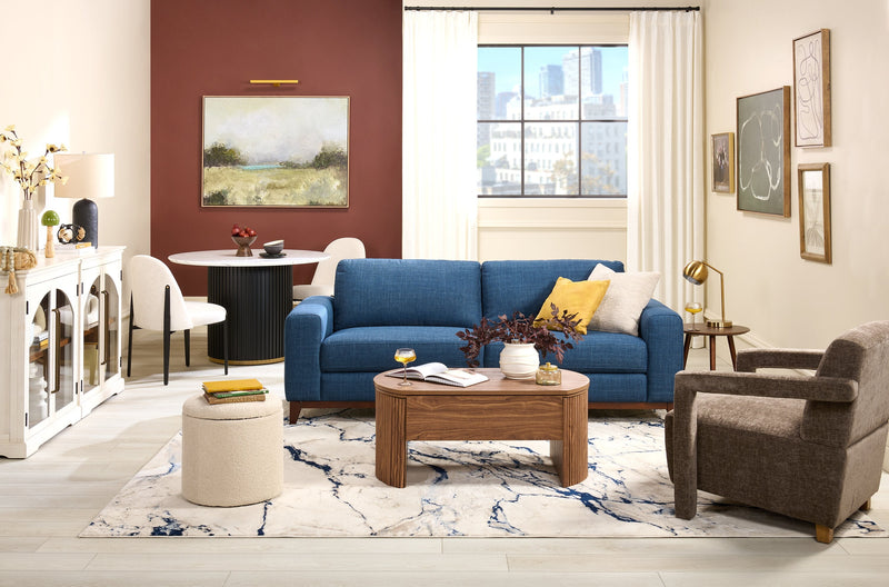 River 87\" Linen-Look Fabric Sofa with Wood Base and Legs - Blue