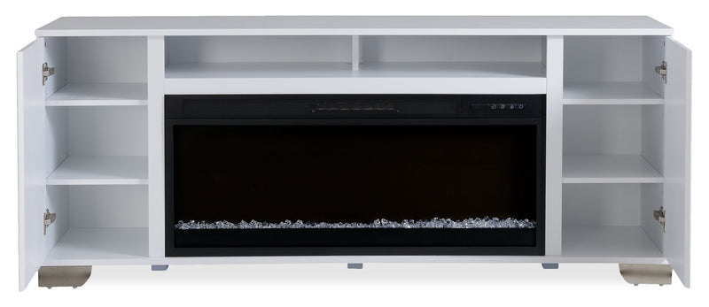 Robin 70\" Modern Electric Fireplace TV Stand with Storage and Cable Management for TVs up to 80\"- White