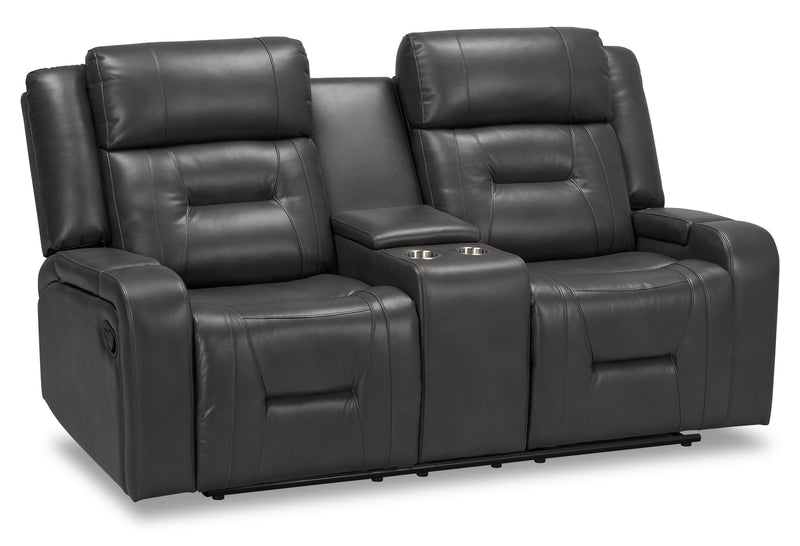 Ryker 72.24\" Leather-Look Reclining Loveseat with Storage Console - Grey 