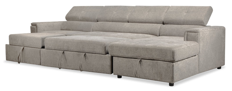 Savvy 3-Piece Linen-Look Fabric Sleeper Sectional with Two Storage Chaises and Adjustable Headrests - Grey 