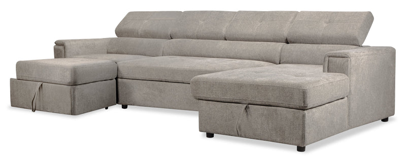 Savvy 3-Piece Linen-Look Fabric Sleeper Sectional with Two Storage Chaises and Adjustable Headrests - Grey 