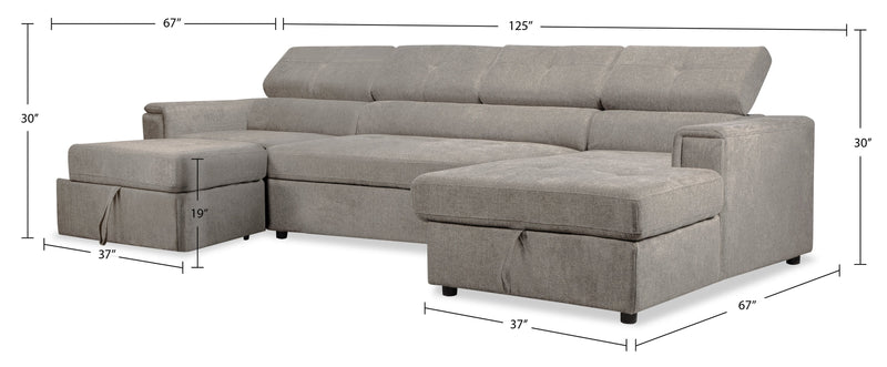 Savvy 3-Piece Linen-Look Fabric Sleeper Sectional with Two Storage Chaises and Adjustable Headrests - Grey 