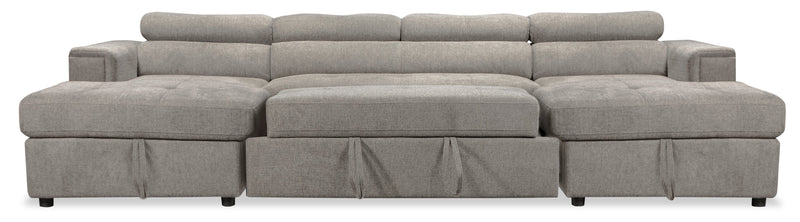 Savvy 3-Piece Linen-Look Fabric Sleeper Sectional with Two Storage Chaises and Adjustable Headrests - Grey 
