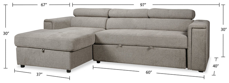 Savvy 2-Piece Left-Facing Linen-Look Fabric Sleeper Sectional with Storage Chaise and Adjustable Headrests - Grey 