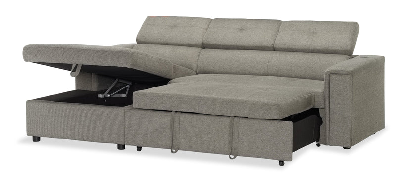 Savvy 2-Piece Left-Facing Linen-Look Fabric Sleeper Sectional with Storage Chaise and Adjustable Headrests - Grey 