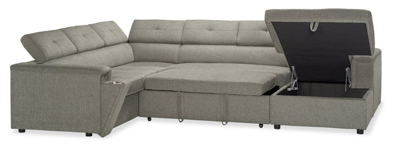 Savvy 3-Piece Right-Facing Linen-Look Fabric Sleeper Sectional with Storage Chaise and Adjustable Headrests - Grey 