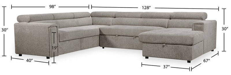 Savvy 3-Piece Right-Facing Linen-Look Fabric Sleeper Sectional with Storage Chaise and Adjustable Headrests - Grey 
