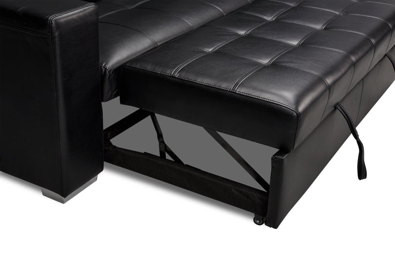 Drake 87\" Leather-Look Fabric Sleeper Sofa with Pull Out Sleeper, Flip-Up Headrests and Button Tufting - Black 