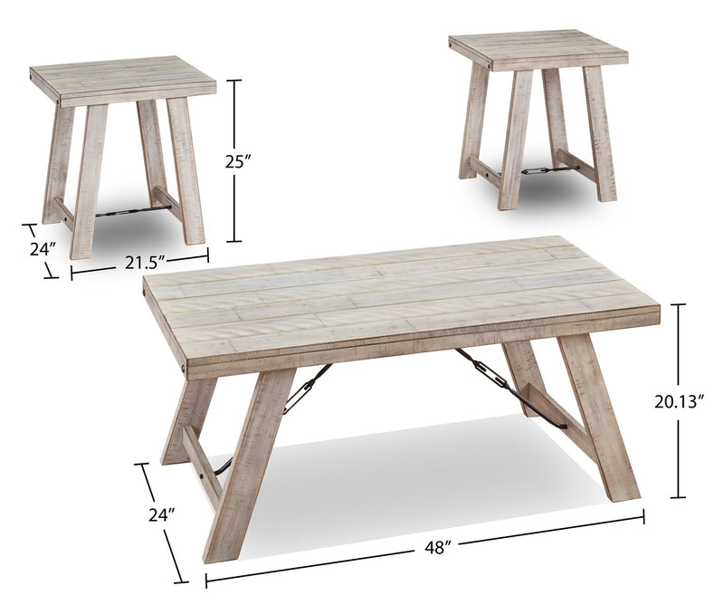 Carynhurst 48\" Rustic 3-Pack Coffee + 2 End Tables - Whitewash Wood