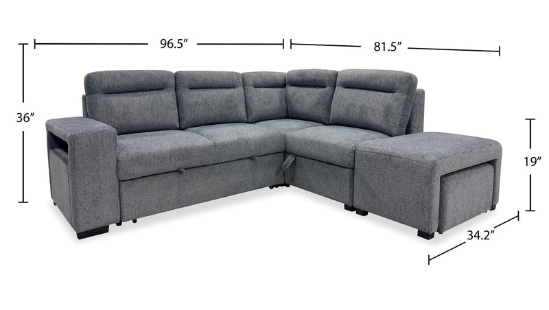 Coast 3-Piece Right-Facing Fabric Sleeper Sectional with Storage and Ottoman – Smoke