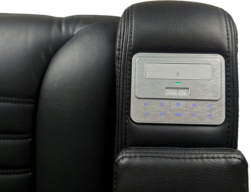 Zen 75.5\" Black Faux Leather Power Reclining Massage Loveseat with Refrigerator Console