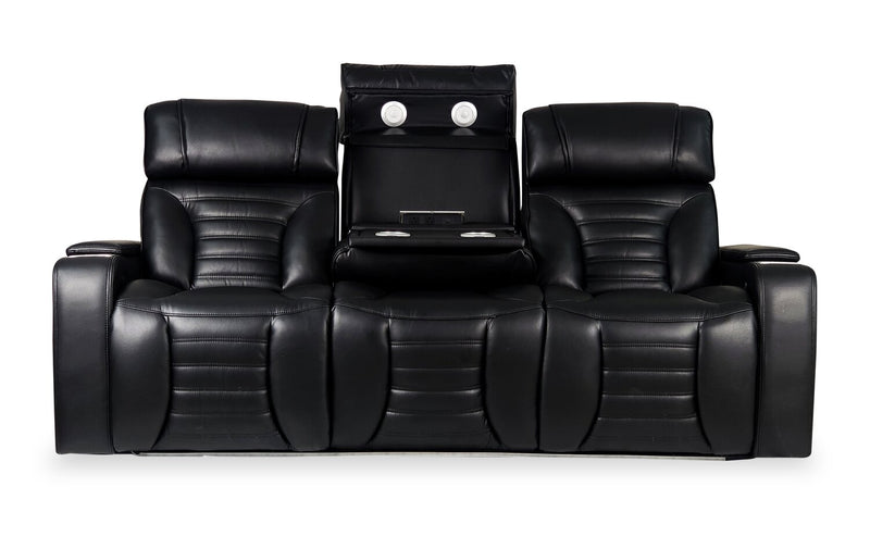 Zen 86\" Black Faux Leather Power Reclining Massage Sofa with Power Headrests and Drop-Down Console
