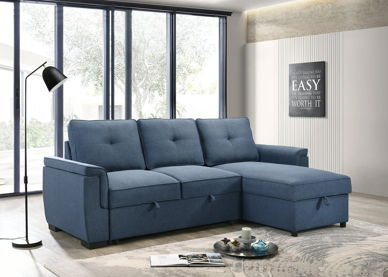 Eden 2-Piece Reversible Fabric Sleeper Sectional with Storage Chaise and Removable Back Cushions - Blue 