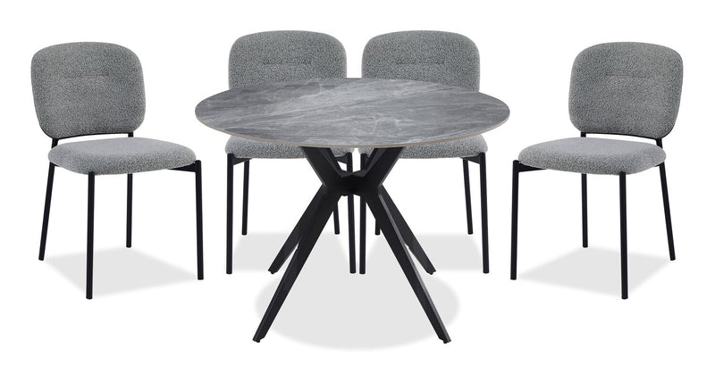 Luka 5pc Dining Set with Table & 4 Chairs, Sintered Stone Top, Metal, 43.5\"W Round - White/Grey