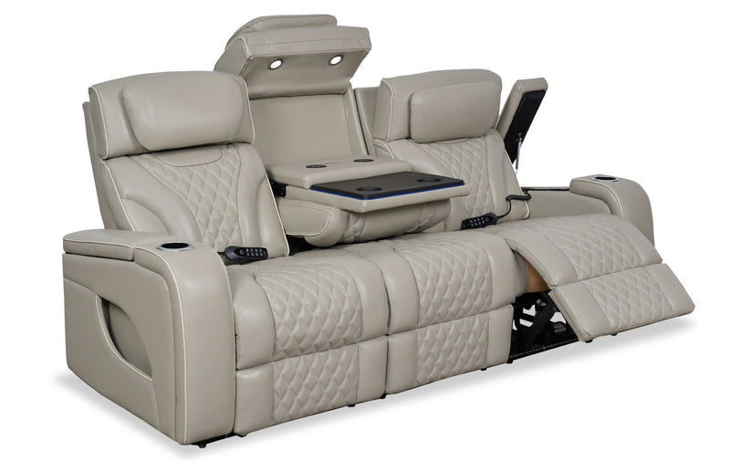 Elite 86\" Genuine Leather Massage Power Reclining Sofa with Power Headrests and Storage Arms - Putty 