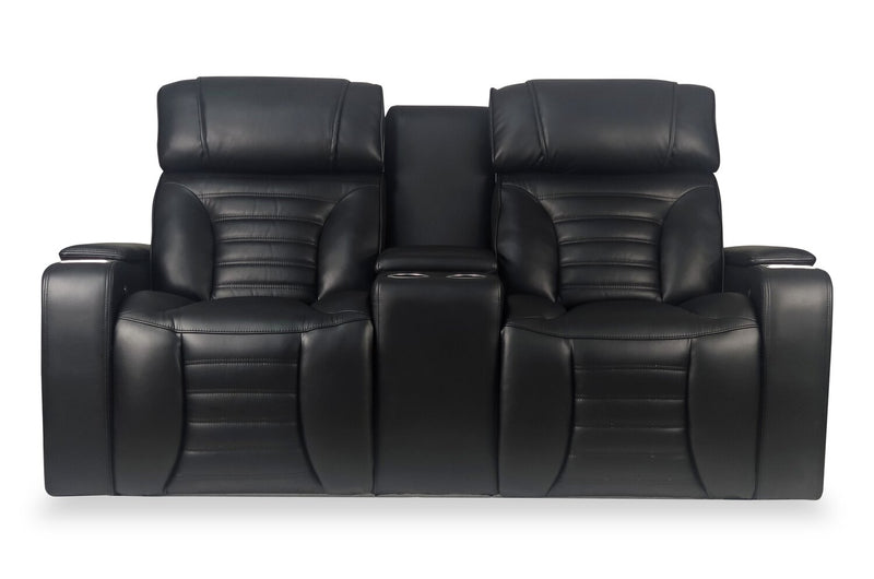 Zen 75.5\" Black Faux Leather Power Reclining Massage Loveseat with Refrigerator Console