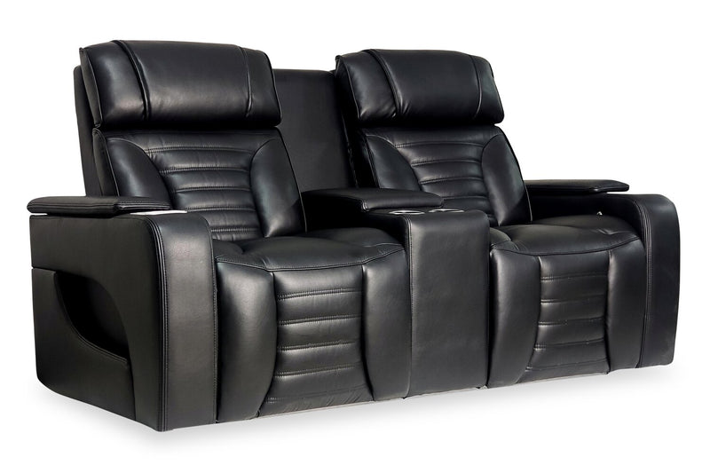 Zen 75.5\" Black Faux Leather Power Reclining Massage Loveseat with Refrigerator Console