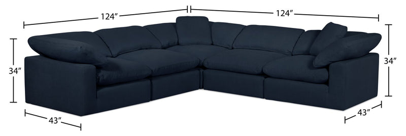 Eclipse Modular 5-Piece Linen-Look Fabric Sectional with Reversible Feather Down Cushions - Navy Blue 