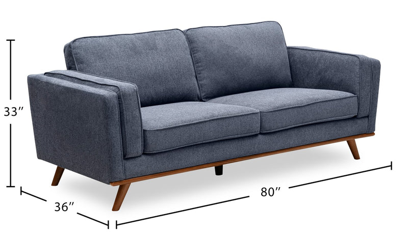 Kort & Co. Kassia 80\" Blue Linen-Look Fabric Condo-Size Sofa with Wood Base and Legs
