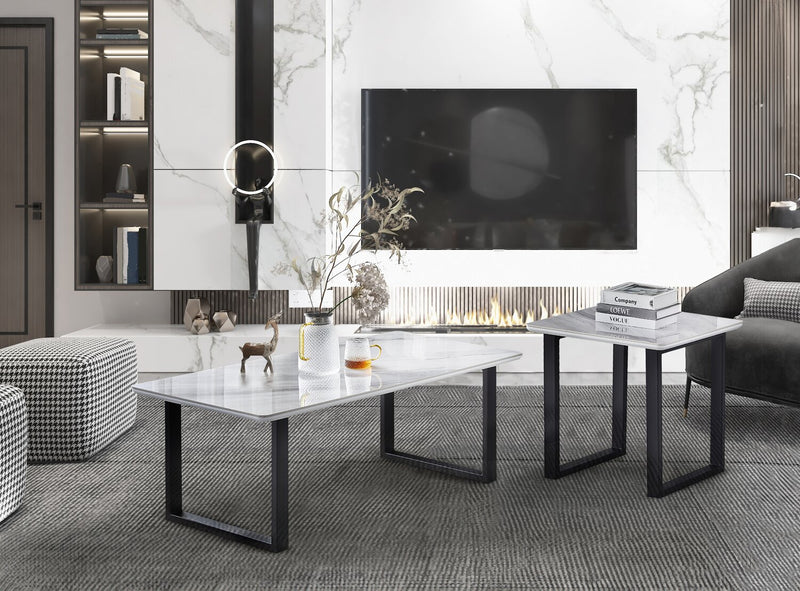 Serena 47.25\" Modern Coffee Table - White & Black with Marble Look