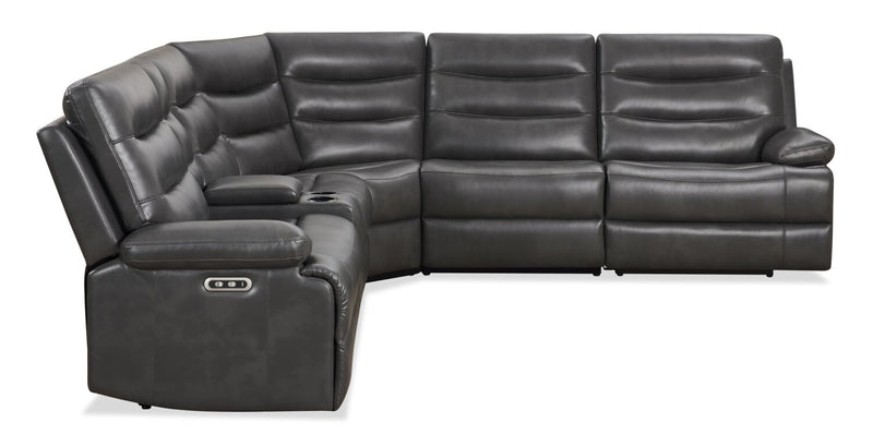 Zayne 6-Piece Leather-Look Fabric Power Reclining Sectional with Storage Console and USB Charging Ports – Grey
