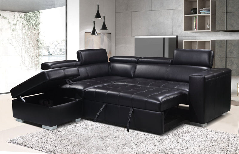 Drake 3-Piece Left-Facing Leather-Look Fabric Sleeper Sectional with Storage Ottoman - Black 