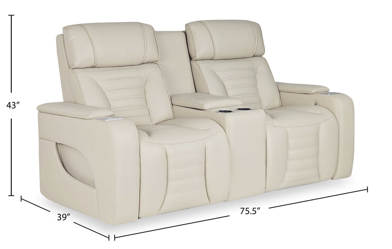 Zen 75.5\" Apricot Faux Leather Power Reclining Massage Loveseat with Refrigerator Console