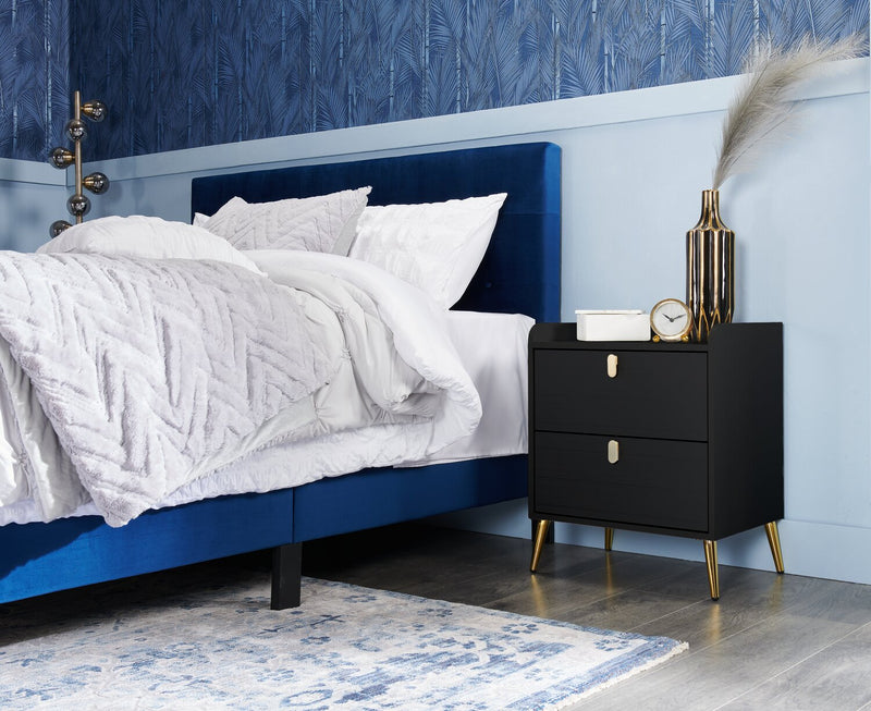 Gabi Upholstered Bed in Blue Velvet Fabric with Gold Finish Legs, Button Tufted - Queen Size 