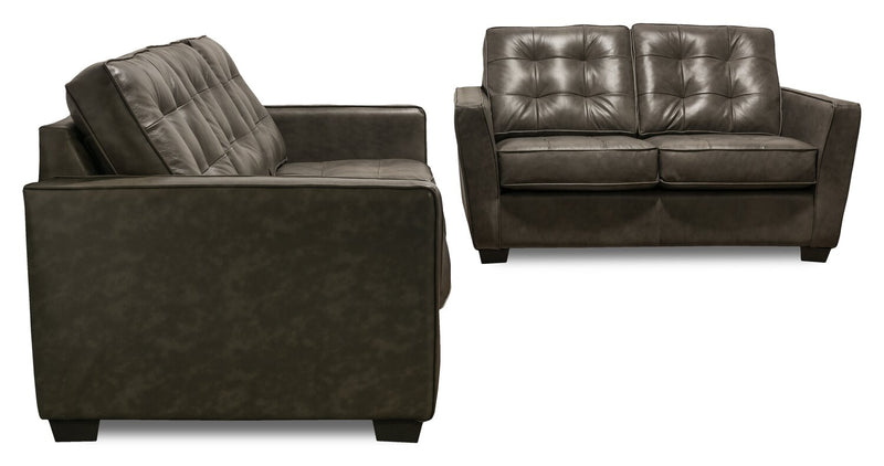 Clare 60\" Genuine Leather Loveseat with Button Tufting – Charcoal 